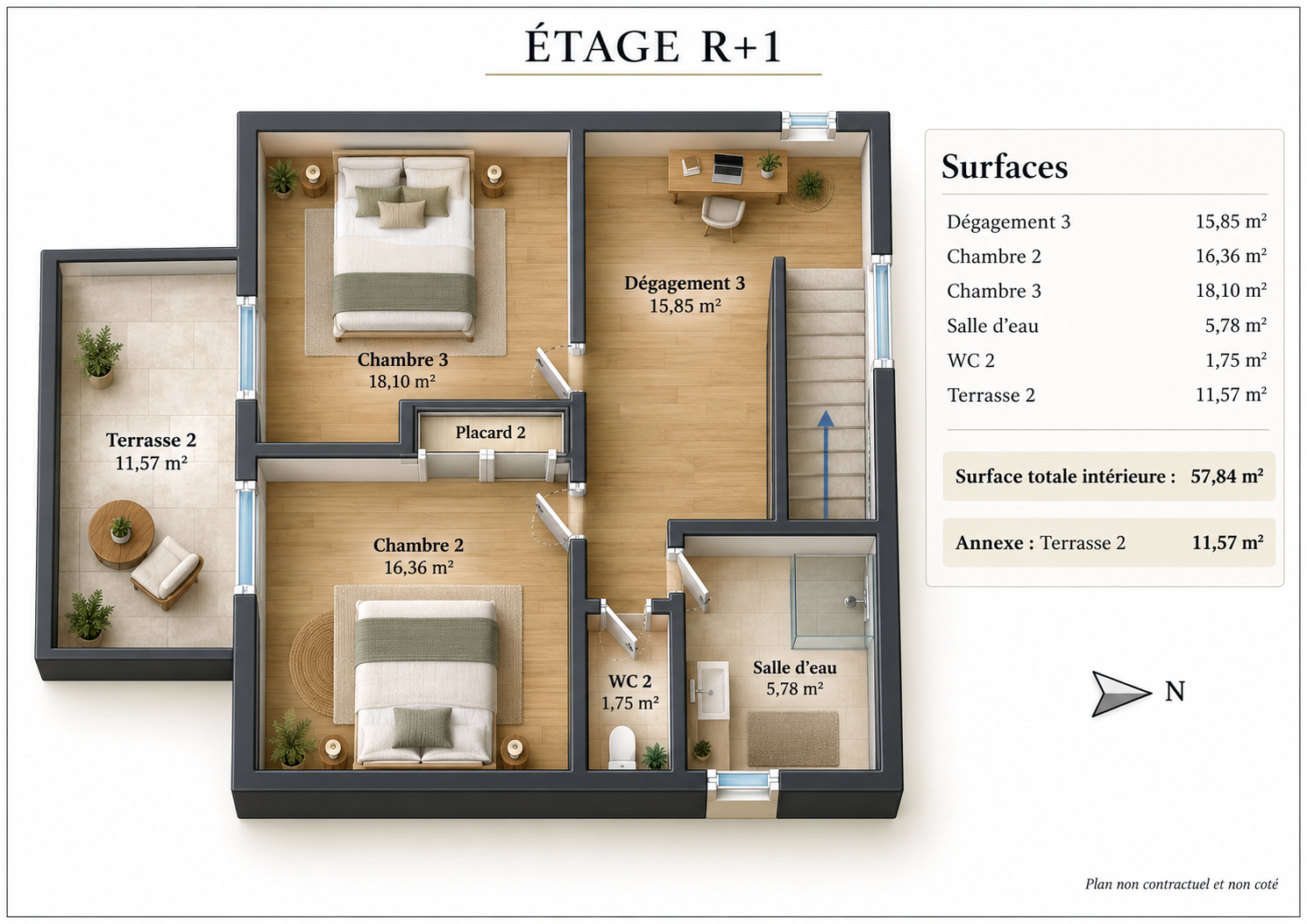 Plan de l’étage R+1 avec surfaces